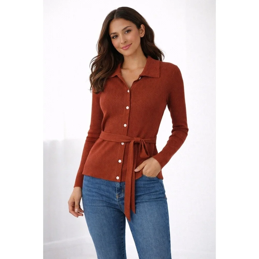 Free Assembly Ribbed Button Front Knit Top Rust Brown Collared Long Sleeve - Picture 1 of 12